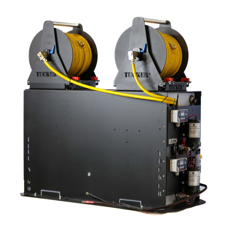 Tucker Fill N Go dual user delivery unit with two hose reels on top of the black tank housing