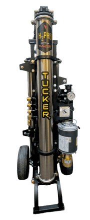 Tucker H2Pro RO/DI cart front view with stainless housing and side mounted filters