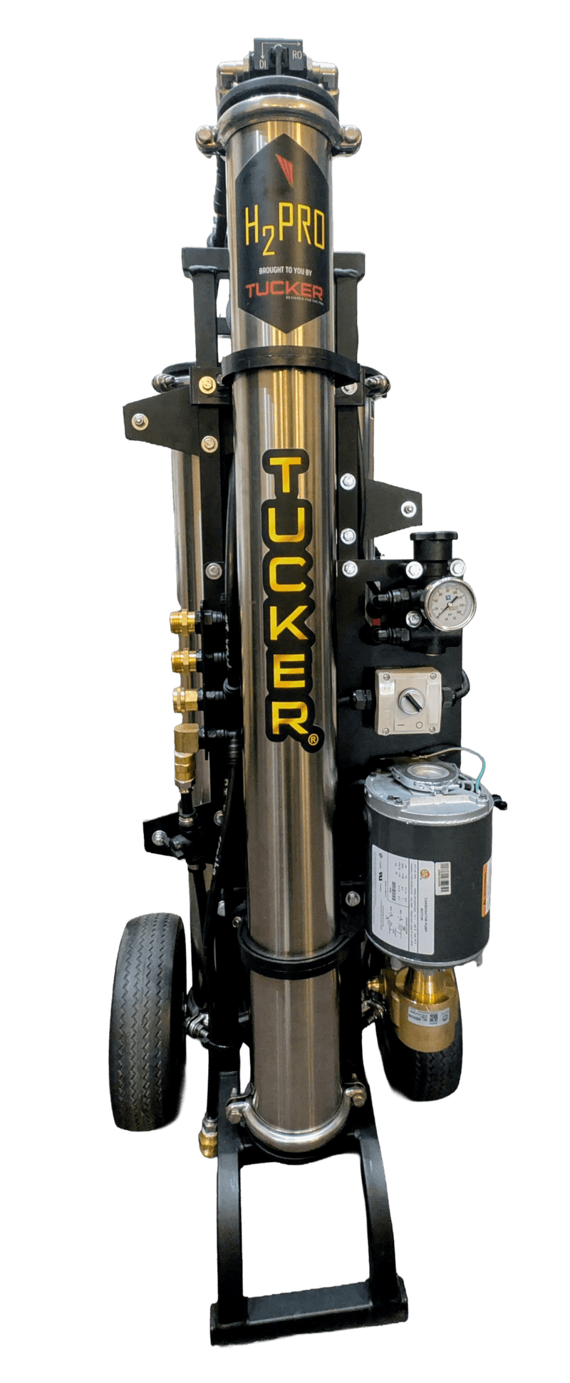 Tucker H2Pro RO/DI cart front view with stainless housing and side mounted filters