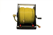 Tucker hand carry hose reel with yellow hose seated on reel base