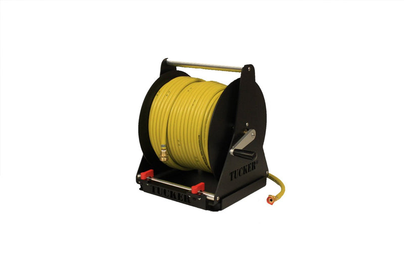 Tucker hose reel mounted on reel base