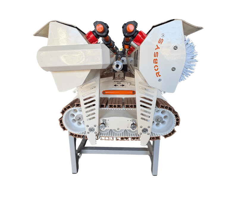 Tucker RTM MINI solar cleaning robot front view on its stand showing brushes and tracks
