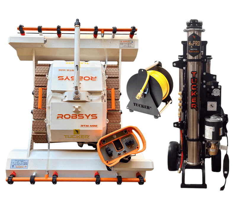 Tucker RTM MINI solar robot kit with H2Pro cart, hose reel and orange remote