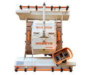 Tucker RTM MINI solar cleaning robot on its carry frame with the orange remote control
