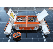 Tucker RTM PRO solar robot with both lids open showing the battery and control bays