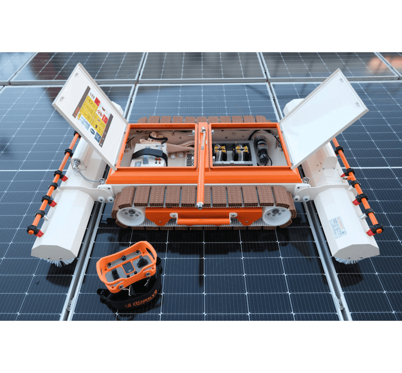 Tucker RTM PRO solar robot with both lids open showing the battery and control bays