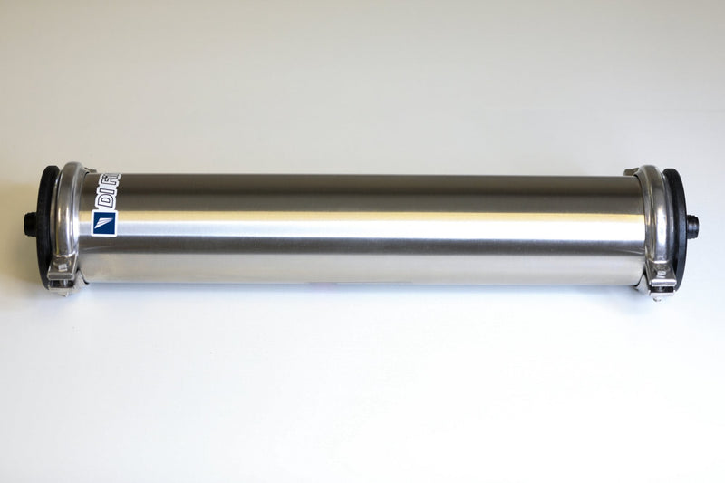 Tucker stainless steel filter housing with clamps, DI Filter label