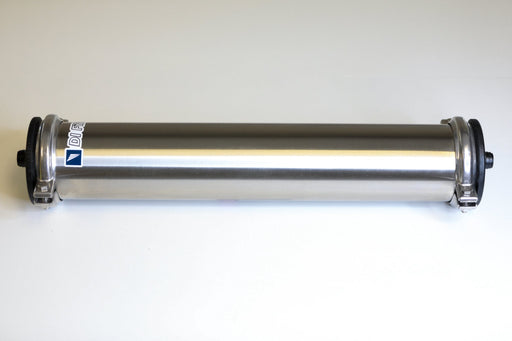 Tucker stainless steel filter housing with clamps, DI Filter label