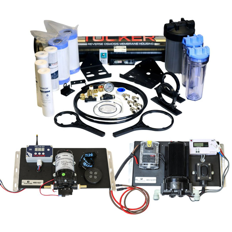 Tucker Ultimate DIY kit with RO membrane housing, filters, brackets, delivery panel and booster panel