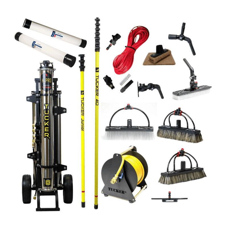 Tucker Ultimate H2Pro residential kit with H2Pro cart, Tucker 40 and Junior poles, brushes and hose reel