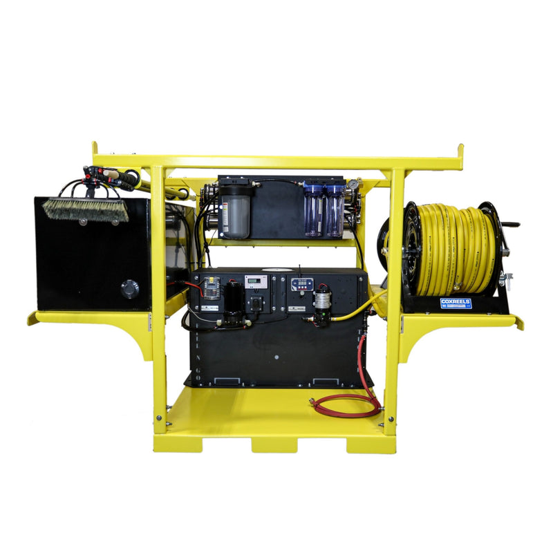 Tucker Ultimate Residential Skid front view with yellow frame, hose reel, filters and tool box
