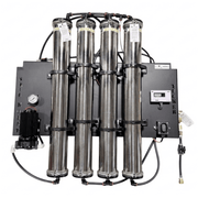 Tucker XL skid mount 4-stage RO/DI system with four stainless housings on a black panel