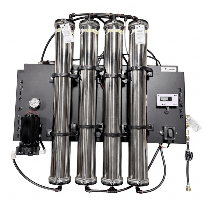 Tucker XL skid mount 4-stage RO/DI system with four stainless housings on a black panel