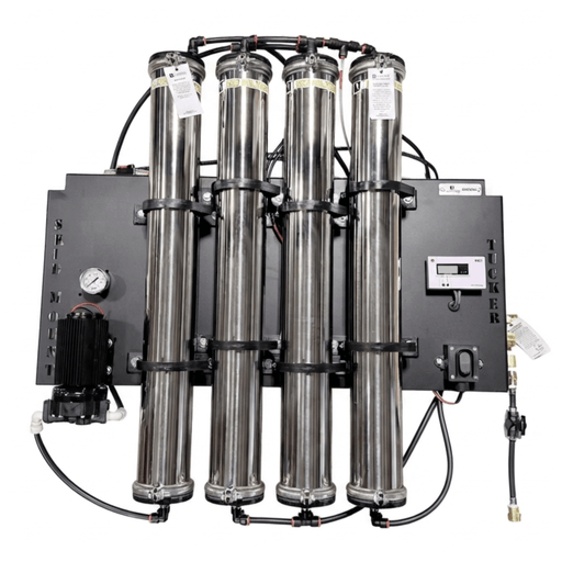 Tucker XL skid mount 4-stage RO/DI system with four stainless housings on a black panel