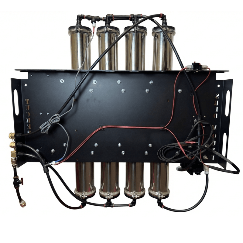 Tucker XL skid mount RO/DI panel from the back showing wiring and plumbing