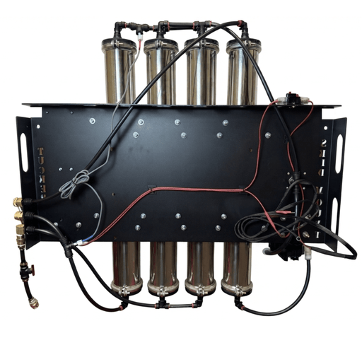 Tucker XL skid mount RO/DI panel from the back showing wiring and plumbing