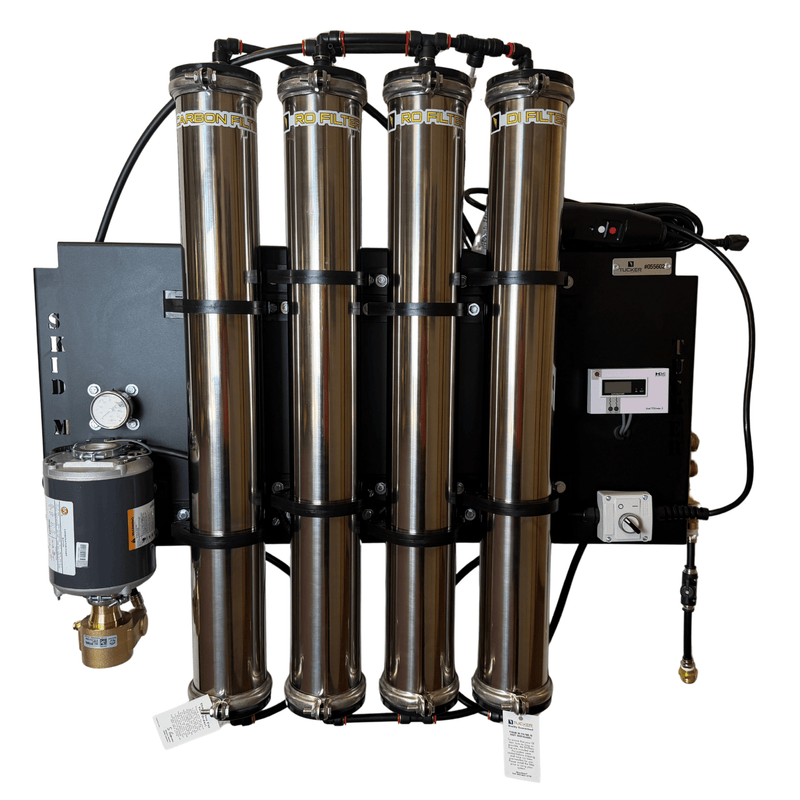 Tucker XL skid mount 4-stage RO/DI system with 110V booster pump on black panel