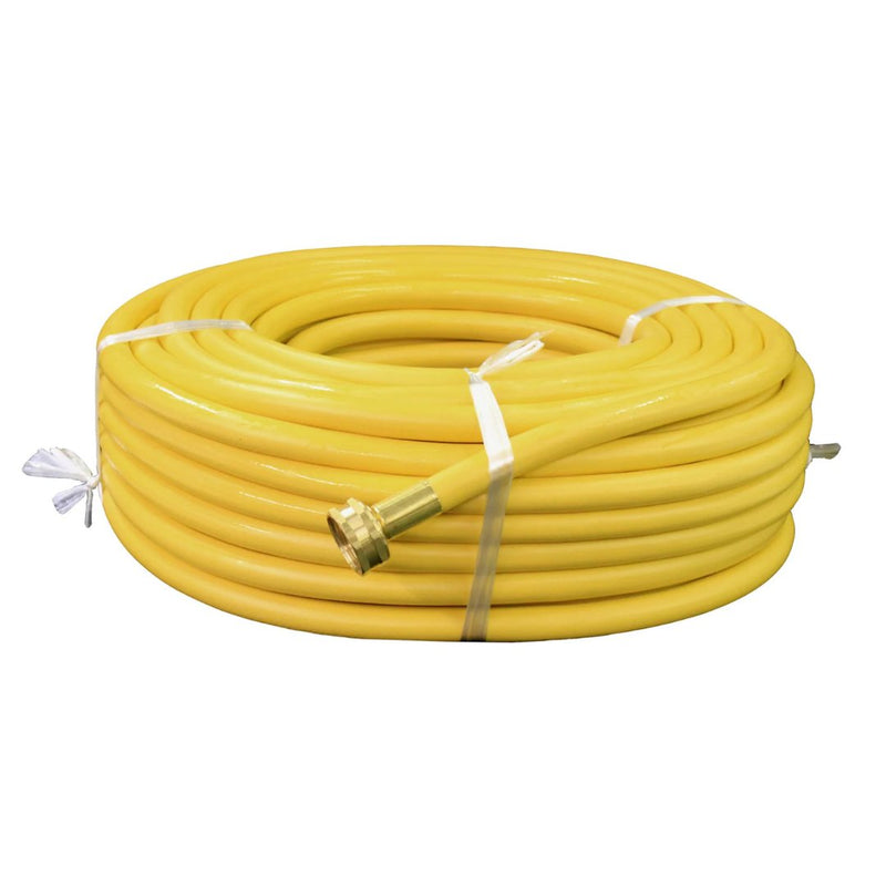Tucker 150 ft yellow 3/8 spot free hose coil with brass garden hose fitting
