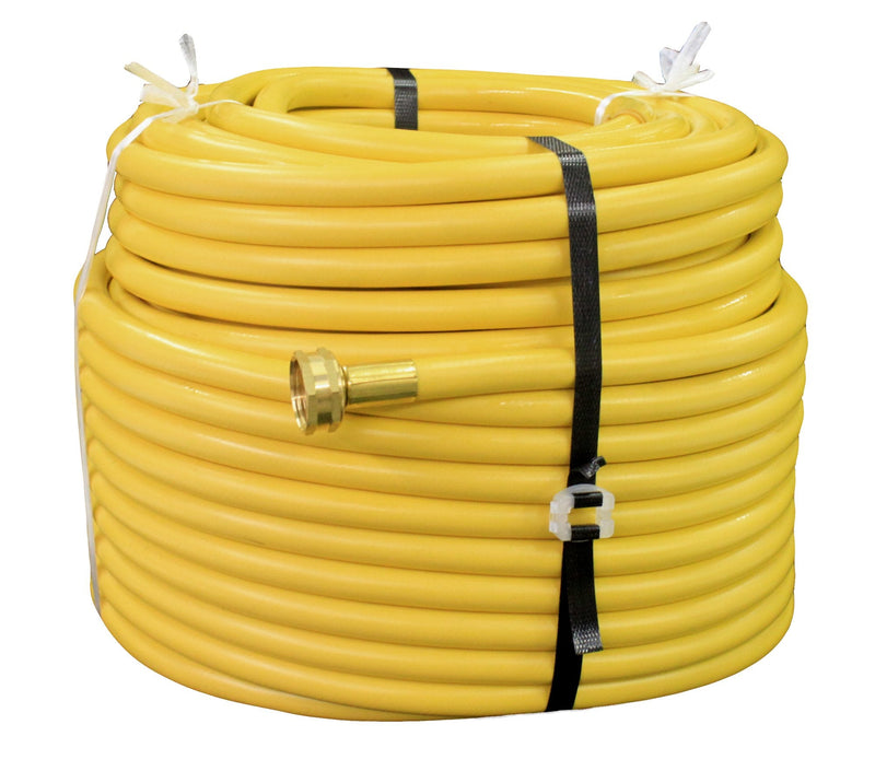 Tucker 300 ft yellow 3/8 hose coil strapped, brass garden hose fitting