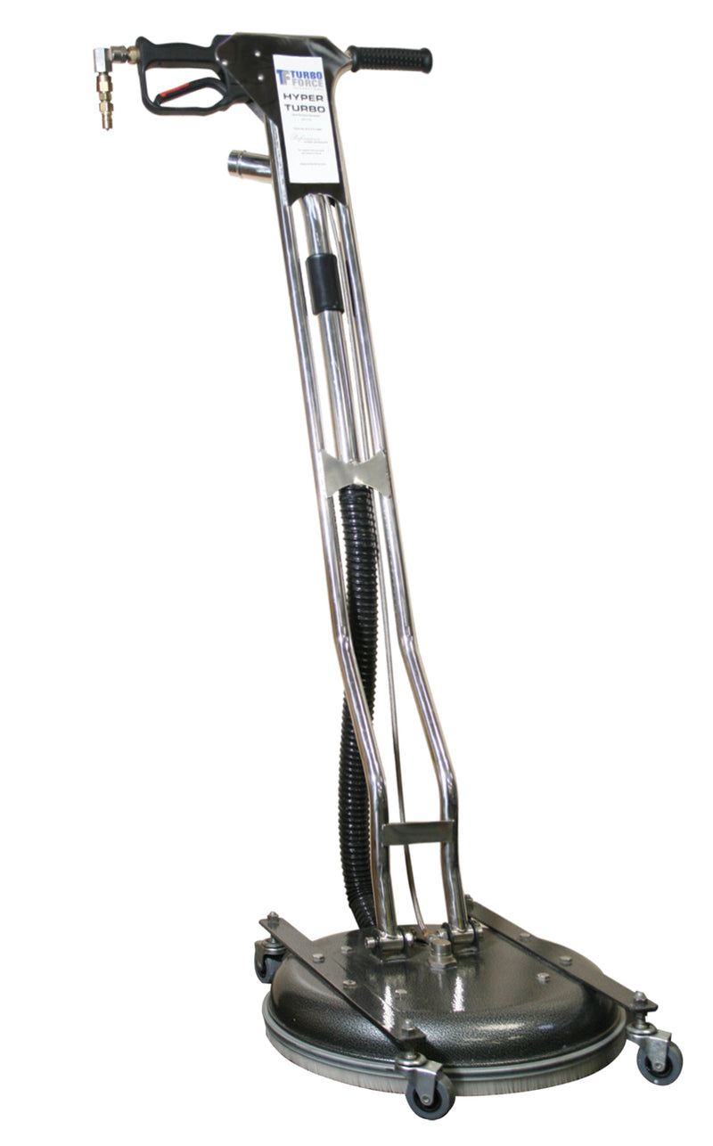 Turbo Force Hyper Turbo with stainless handle, trigger gun and grey steel deck on casters, front view on white