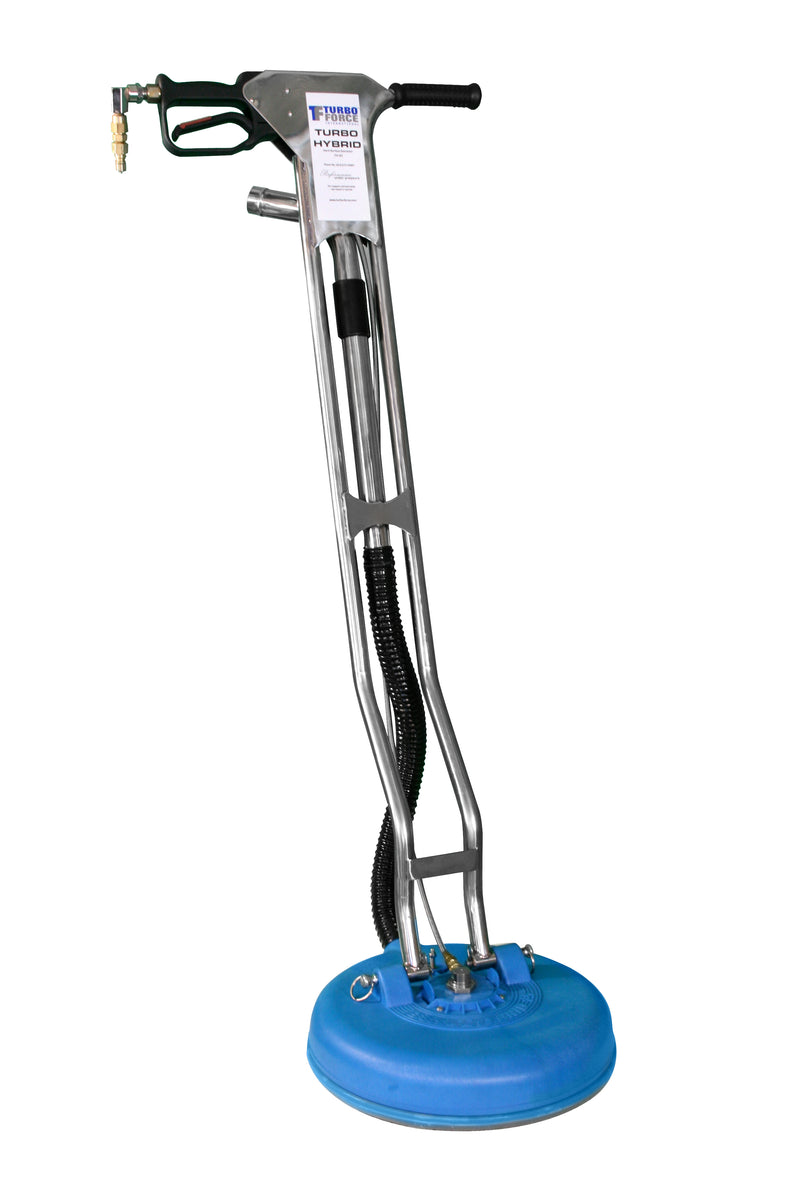 Turbo Force TH-15 15" Turbo Hybrid with stainless handle, trigger gun and wide blue deck, front view on white