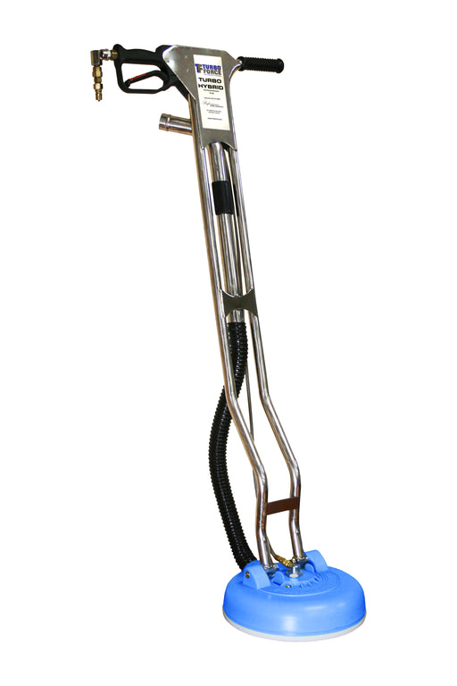 Turbo Force TH-40 12" Turbo Hybrid with stainless handle, trigger gun and light blue deck, front view on white