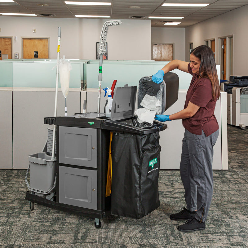 Unger CleanRx Elite Janitorial Cleaning Cart, stocking the cart in an office