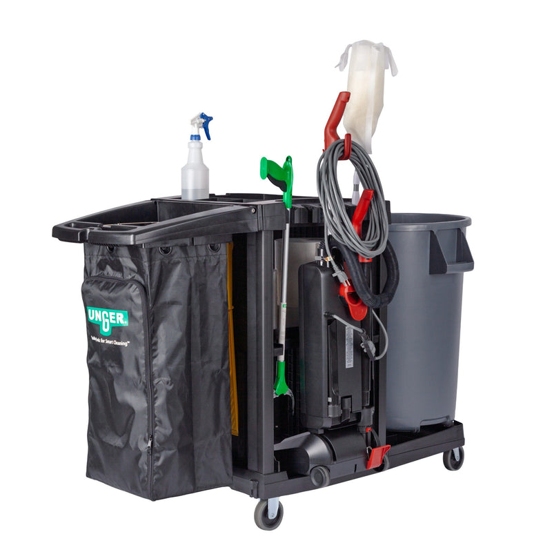 Unger CleanRx Pro Janitorial Cleaning Cart, cart shown loaded with cleaning tools