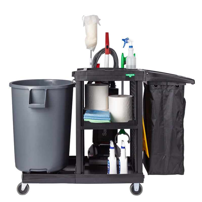 Unger CleanRx Pro Janitorial Cleaning Cart, cart shown loaded with trash can and tools