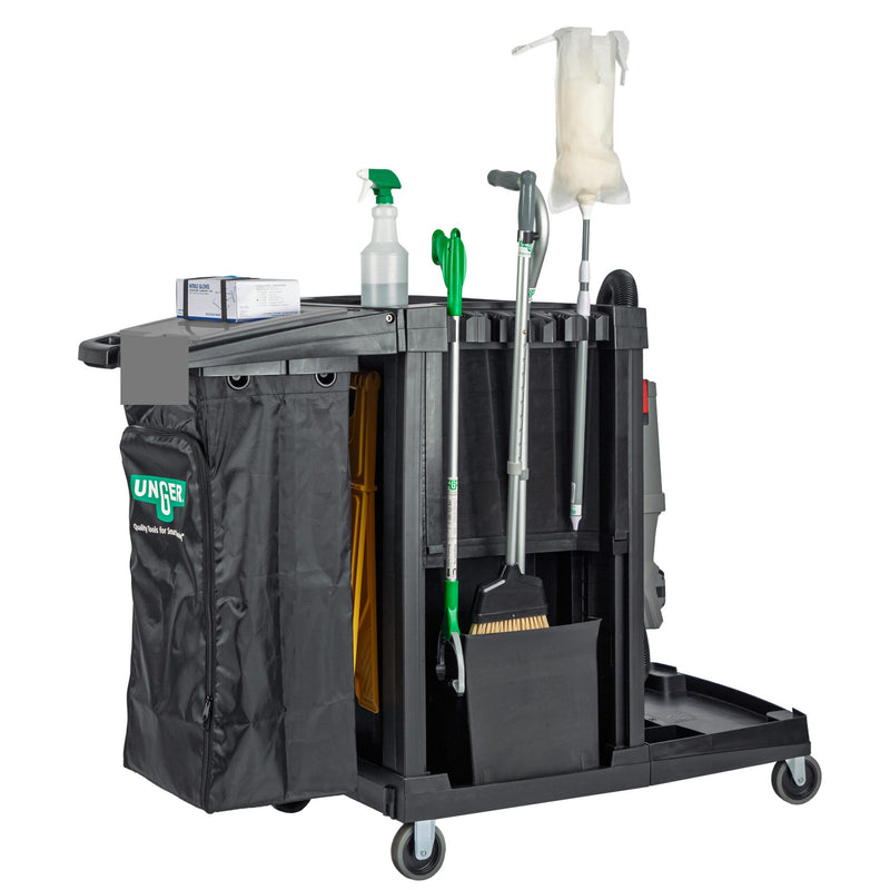Unger CleanRx ProPlus Janitorial Cleaning Cart, cart shown loaded with cleaning tools
