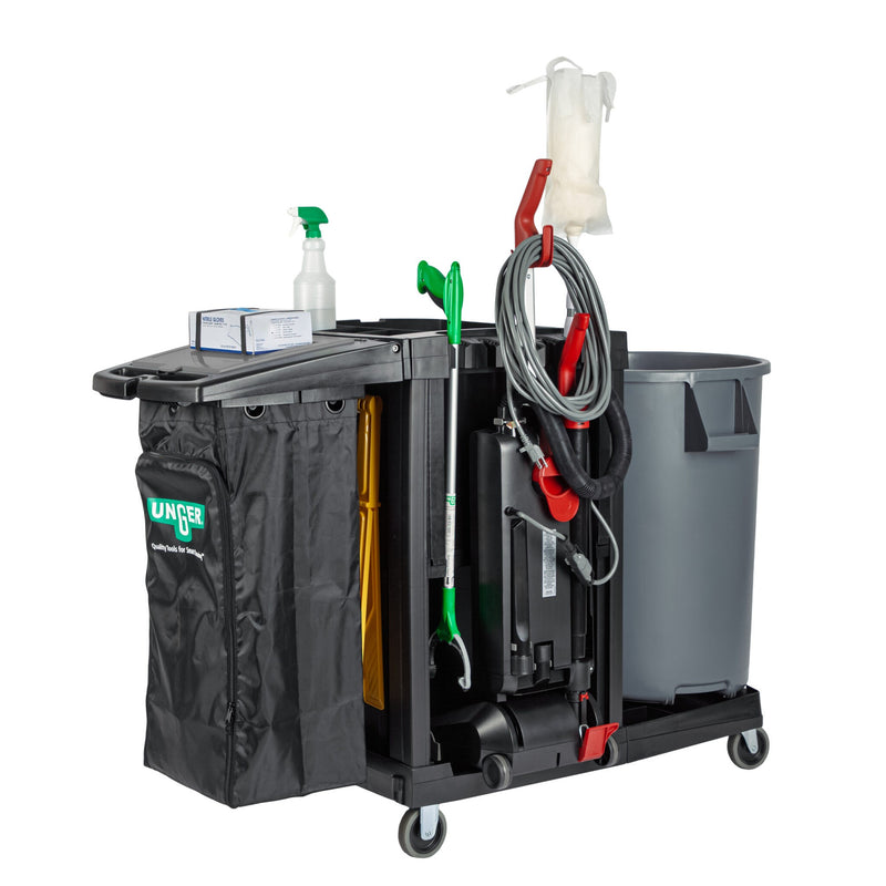 Unger CleanRx ProPlus Janitorial Cleaning Cart, cart shown loaded with tools, second view