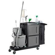 Unger CleanRx ProPlus Janitorial Cleaning Cart, cart shown loaded with bucket and mop