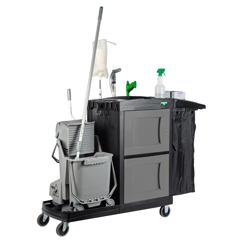 Unger CleanRx ProPlus Janitorial Cleaning Cart, cart shown loaded with bucket and mop