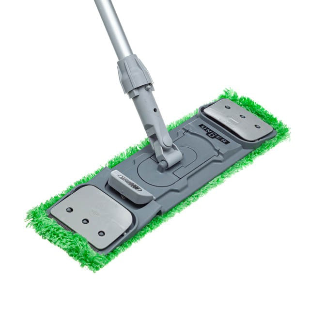 Unger EZ Flat Mop Holders 16"/40cm, gray holder fitted with a green microfiber pad on a handle