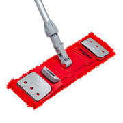 Unger EZ Flat Mop Holders 16"/40cm, red holder fitted with a red microfiber pad on a handle