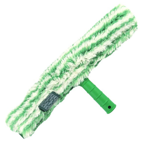 Unger Monsoon Plus StripWasher Complete 14"/35cm, striped microfiber strip washer on a green T-bar