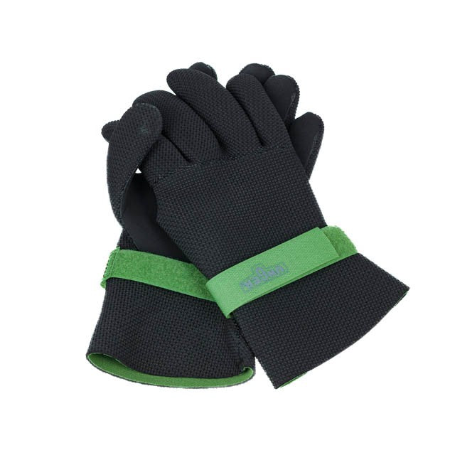 Unger Neoprene Gloves, pair of black neoprene gloves with green wrist straps