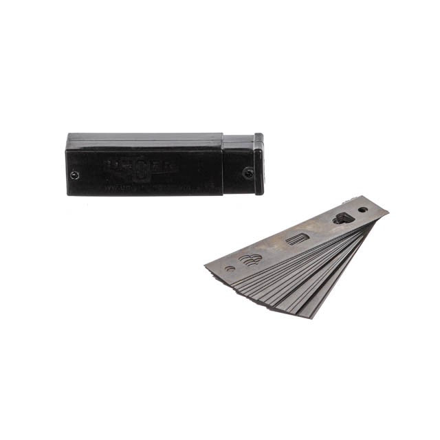 Unger Premium Glass Scraper Blades 4"/10cm, dispenser and a fan of blades
