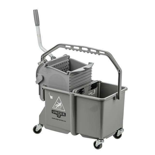 Unger Dual Compartment Mop Buckets 16Qt./15L, grey dual compartment mop bucket with wringer