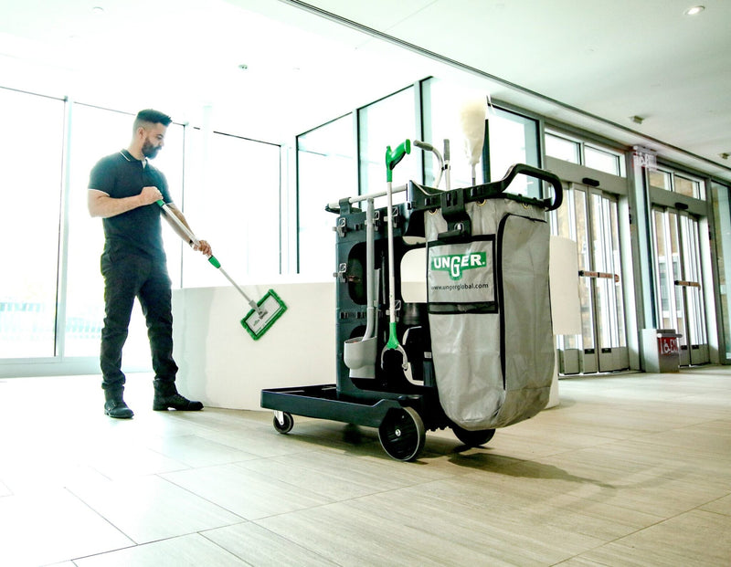 Unger ZoneCleanRx General Janitorial Cart System, cleaning an office floor