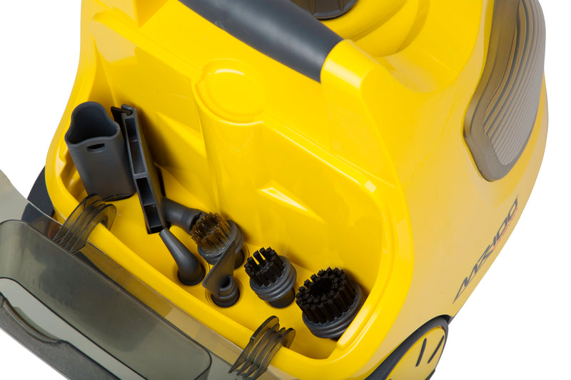 Vapamore MR-100 Primo onboard tool storage bay holding brushes and nozzles, lid open