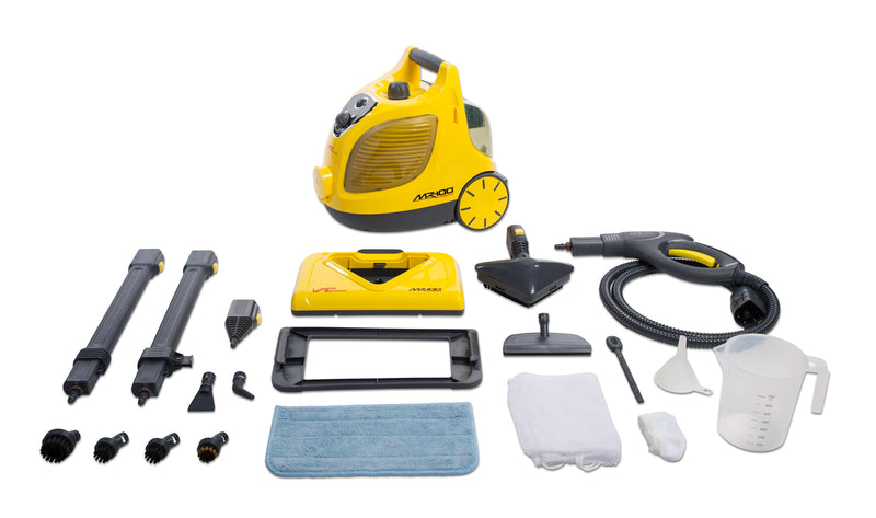 Vapamore MR-100 Primo with floor head, steam gun, extension wands, brushes, cloths and jug