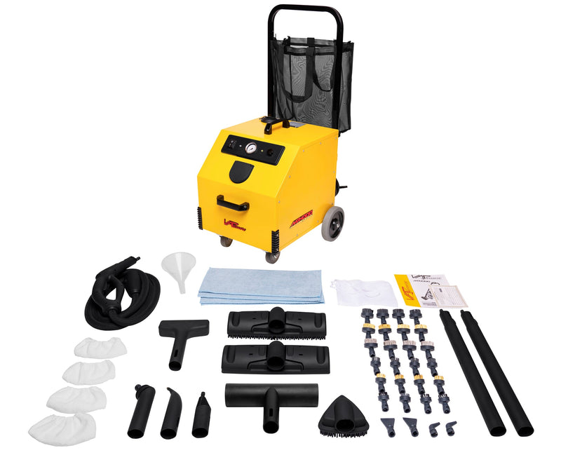 Vapamore MR-1000 Forza with its U-handle mesh basket, steam hose, floor heads, brushes and extension wands