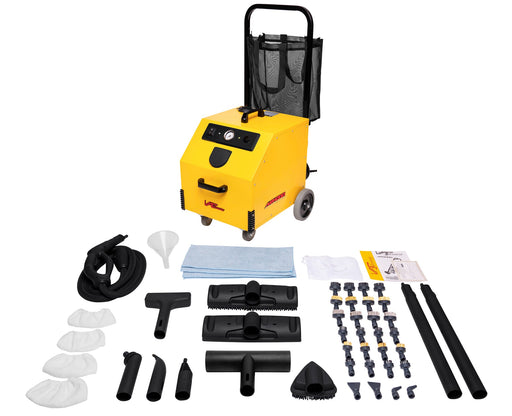 Vapamore MR-1000 Forza with its U-handle mesh basket, steam hose, floor heads, brushes and extension wands