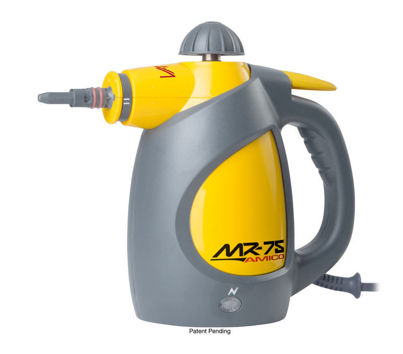Vapamore MR-75 Amico handheld steam cleaner from the left side, showing the short nozzle tip and power indicator light