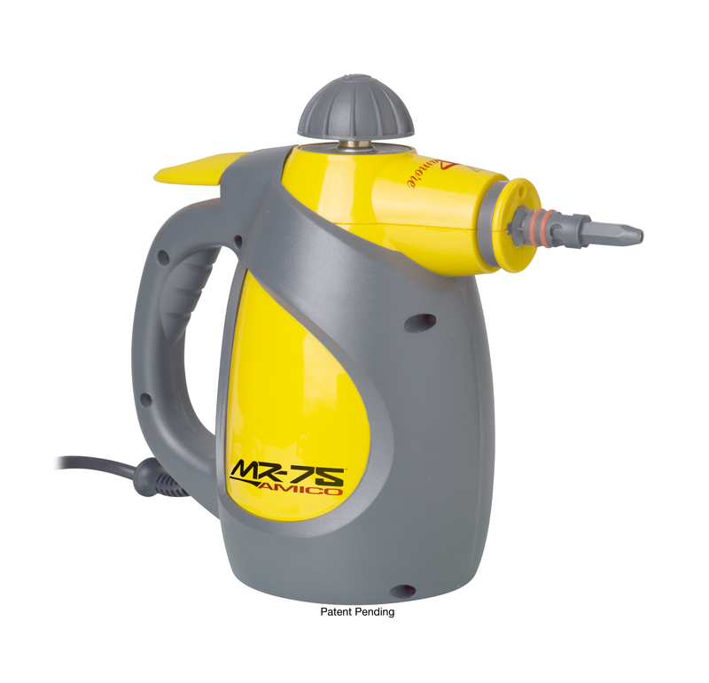 Vapamore MR-75 Amico handheld steam cleaner from the right side, yellow and gray body with the short nozzle tip and power cord