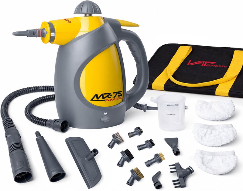 Vapamore MR-75 Amico handheld steamer with extension hose, brush set, cloth covers and carry bag
