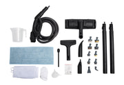 Vapamore MR-750 accessories: steam gun hose, floor tool, wands, detail brushes, cloths and jug