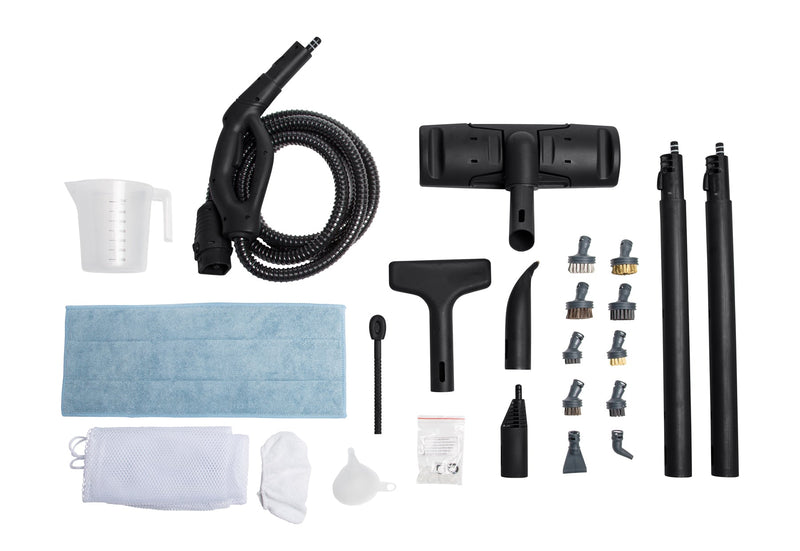 Vapamore MR-750 accessories: steam gun hose, floor tool, wands, detail brushes, cloths and jug