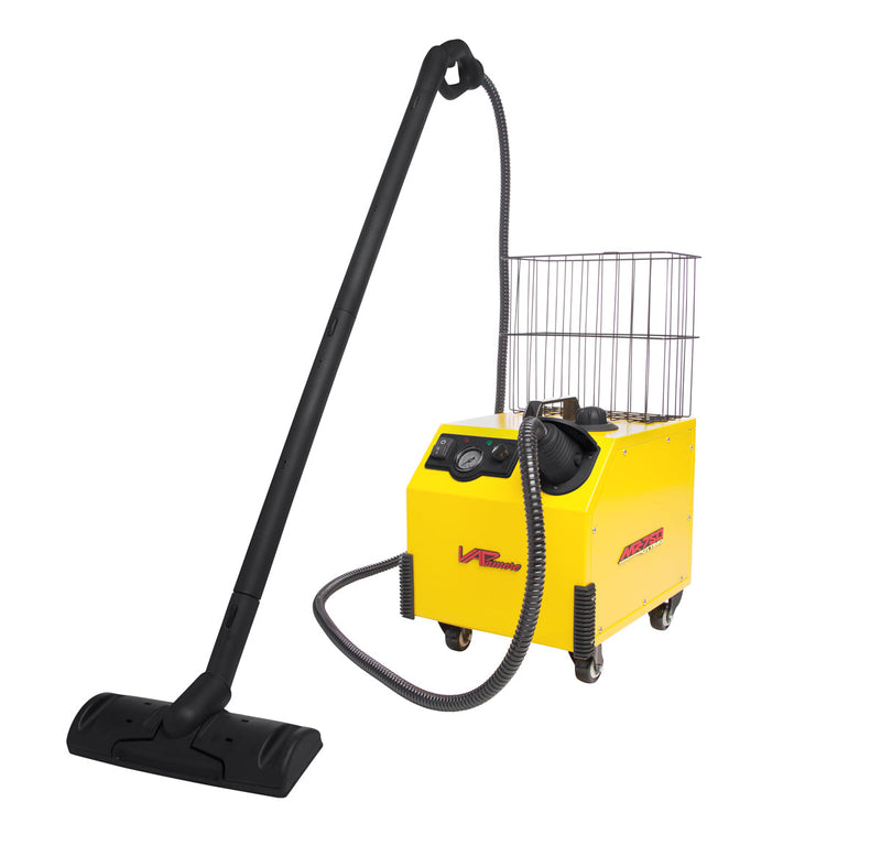Vapamore MR-750 Ottimo with extension wands fully extended and floor brush, basket on top